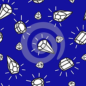 Shiny gems. Vector seamless black and white pattern on a blue background.